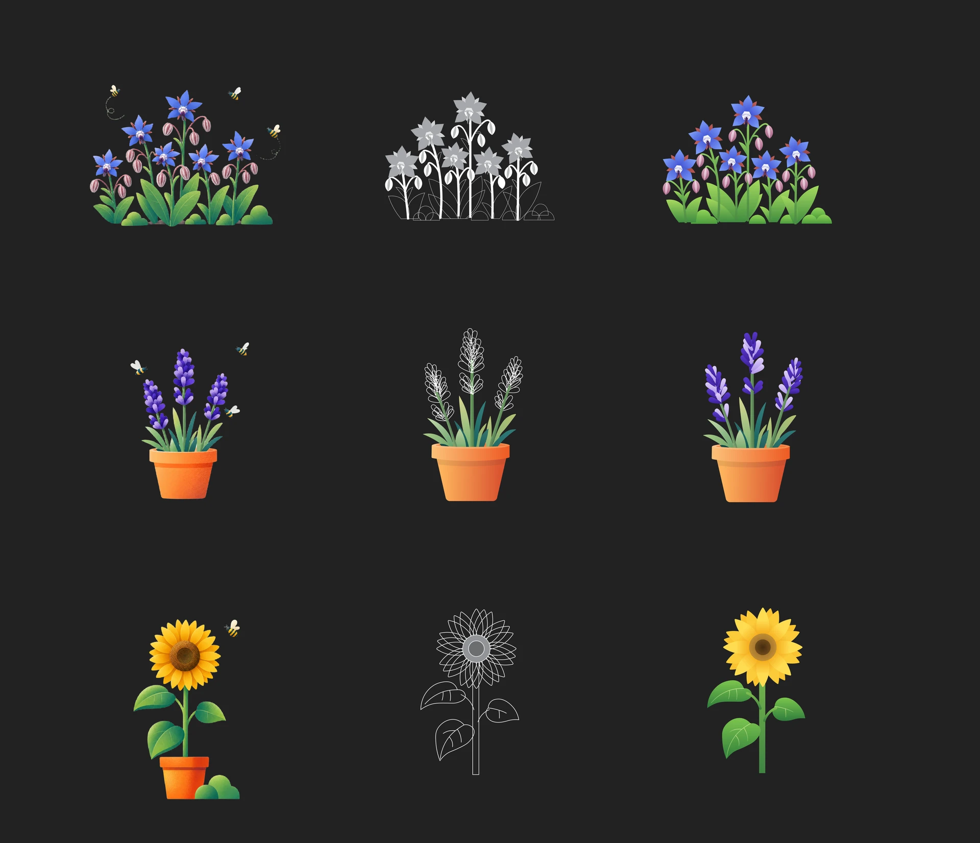 Editable flower illustration system with consistent gradients