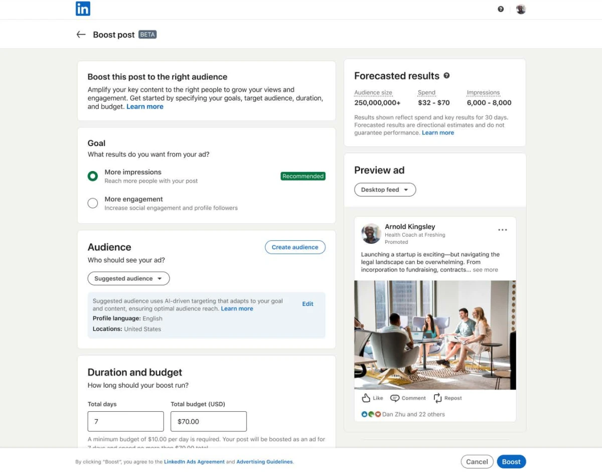 LinkedIn campaign budget reference