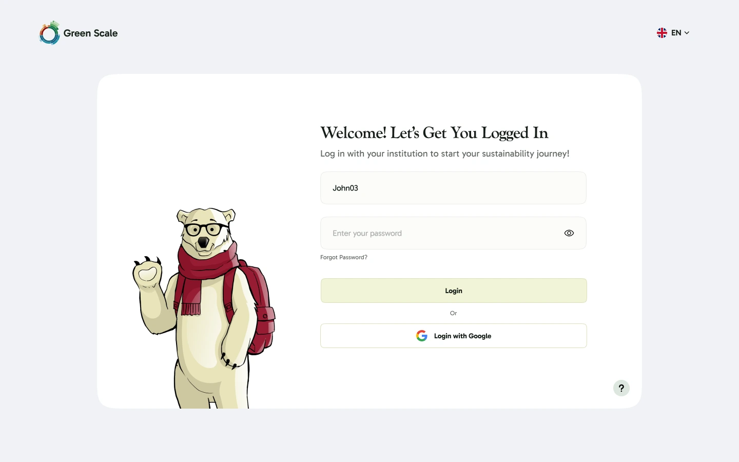 Green Scale login screen with the bear illustration